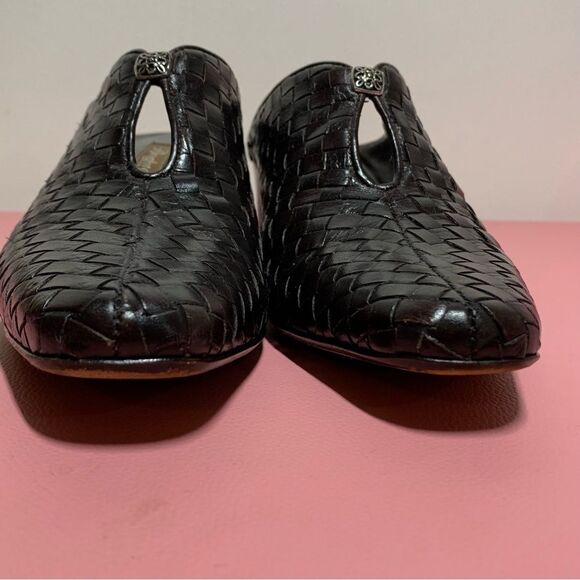 Vintage Brighton Tynan Woman’s Size 8 Brown Woven Leather Snip Toe Heeled Mule - Picture 4 of 9